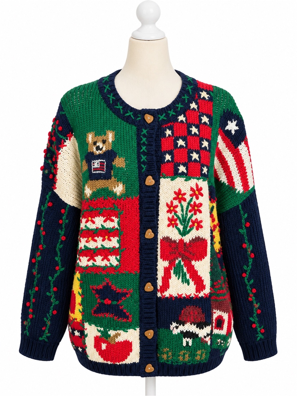 Vintage 1995 Eagles Eye Cardigan M Americana Patchwork Flag Folk Art Sweater